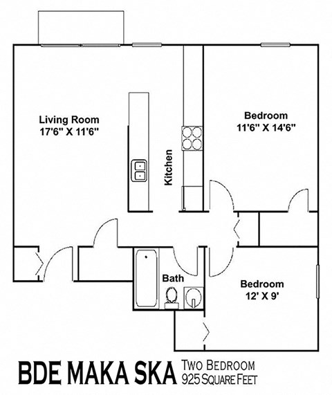 Floor plan for 2 beds, 1 bath, 925 sqft